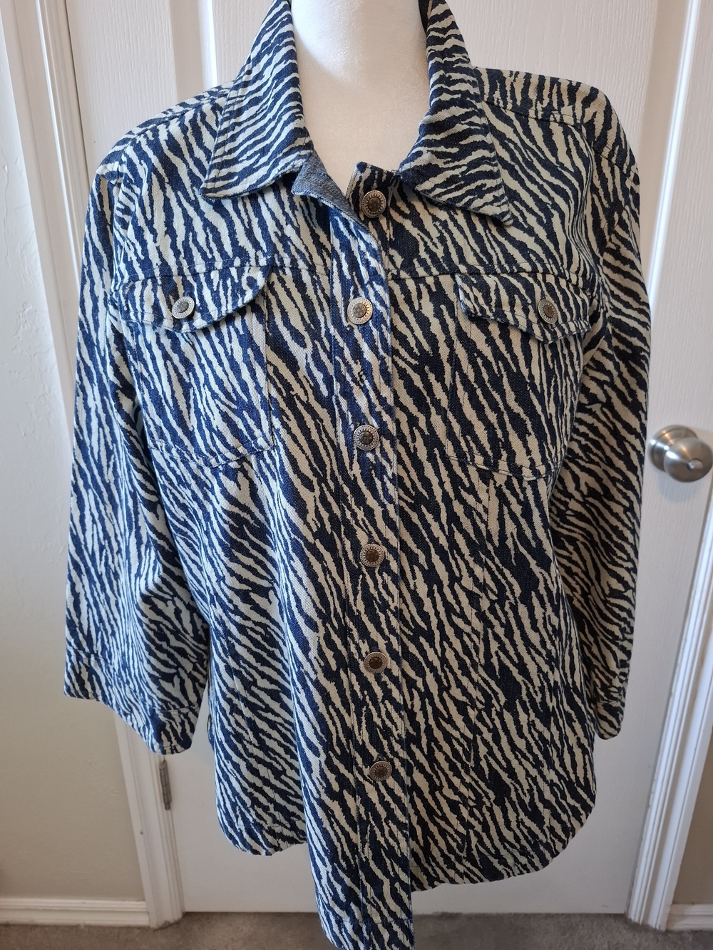 Westbound Blue and White Zebra-Print Jean Jacket